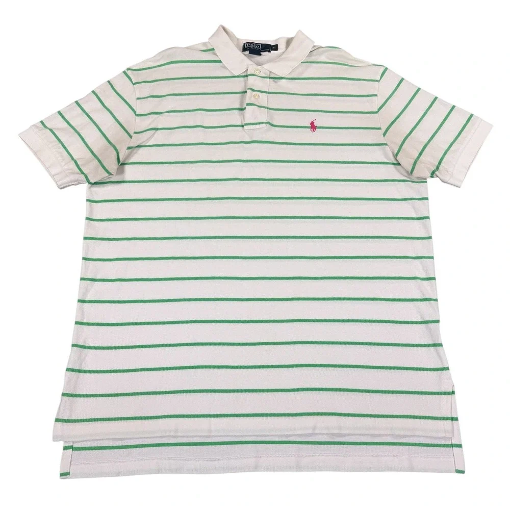Polo Ralph Lauren Men's XL Polo Shirt White Green Striped Cotton Pink Pony Logo